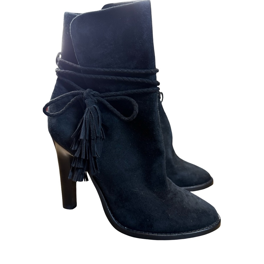 ✨ Joie Black Suede‎ Tassel Wrap High-Heel Ankle Boots 38 ✨